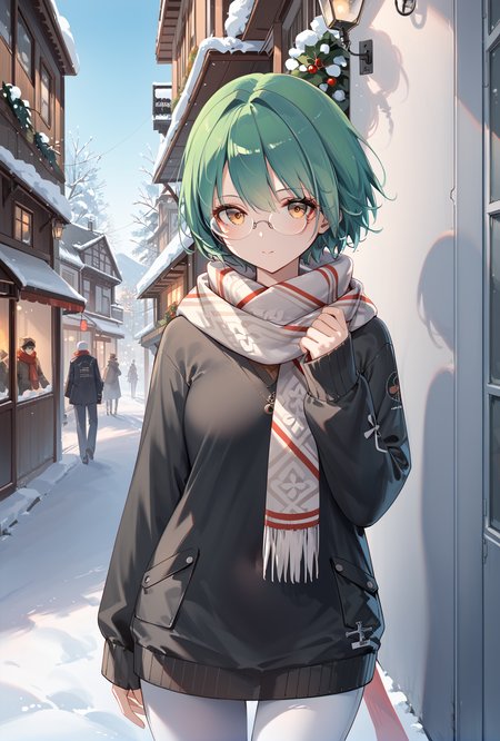 score_9, score_8_up, score_7_up,
middle eastern architecture, street,  
 admiral nakhimov (azur lane), 1girl, green hair,yellow eyes, 
sweater,snow,scarf,semi-rimless eyewear, <lora:NakhimovXLPony:0.9>