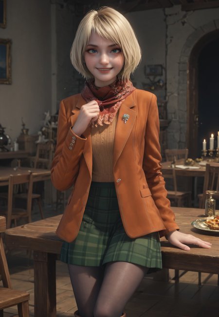 safe_pos, score_9, score_8_up, score_7_up,high quality, (masterpiece, best quality, ultra-detailed,2k ,disney pixar style,AshleyRE4, 1girl, solo, blonde hair, blue eyes, red scarf, orange jacket, sweater, green plaid skirt, pantyhose, brown knee boots, smile,seducing viewer, sensual pose, castle room background, sit in a table, pixar style