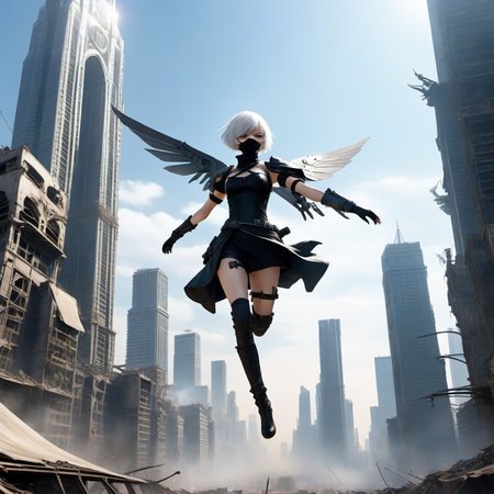 2B gracefully maneuvers amidst the skeletal remnants of skyscrapers in a post-apocalyptic city. Battling an onslaught of mechanized monstrosities, she leaps skyward, and holographic wings emerge, reflecting the poignant beauty of the city's decay and the enduring spirit of resistance.
