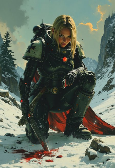 An atmospheric and powerful dark fantasy image, classical style painting of a beautiful female BlackT40k space marine dressed in intricate power armor. She crouches with her head down and her dirty blonde hair falls over her face. She holds a powerful sword of dark steel. There is blood in the snow around her from a fallen enemy. Cinematic shot in a snowy mountainous region.