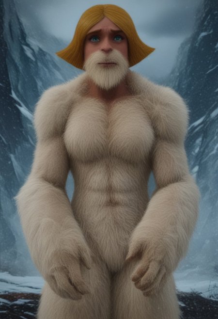 @brtlmss1, tall, muscular, thick limbs, large (kala:0.3) source_cartoon, cartoon_source, dark skin, yeti, bigsquatch, clover \(totally spies\), blonde hair, short hair, blue eye, on a mountain, blonde fur, female bigfoot, sasquatch, looking at viewer, breasts, sad gaze, detailed face, hairy body, detailed eyes, (detailed hands), detailed fingers, Shallow Depth of Field, hairy, FURRY BODY, yeti, (abominable snowman),  very big feet,  beard, covered in yellow fur,