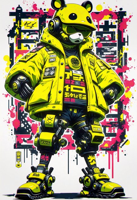 bo-cpposter,  A futuristic character standing confidently, wearing an oversized yellow jacket with various patches and symbols, complemented by robotic arm details and a playful panda-themed helmet. The character's lower body features a mix of mechanical and athletic elements, highlighted by black and yellow gear. The background is a vibrant urban setting filled with abstract graffiti and splashes of color, evoking a sense of rebellion and creativity. The overall aesthetic is a blend of cyberpunk and street art, with high contrast between the yellow outfit and the darker, detailed background. The scene is richly textured, using a hyperrealistic style that enhances the character's bold features and the dynamic patterns surrounding them. , <lora:Flux\boFLUX Cyberpunk Poster.safetensors:1.4000000000000001:1.4000000000000001>