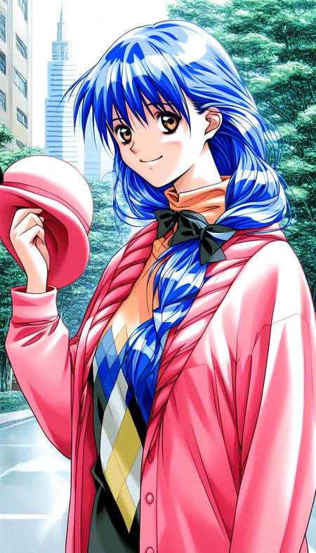 score_9, score_8_up, score_7_up, source_anime, rating_explicit, BREAK  <lora:Yasuda_Azumi_XL:1> Yasuda_Azumi, blue hair, long hair,  bangs, brown eyes, medium breasts, 
pink hat, holding,  headwear removed, holding hat, smile, pink jacket, hat removed, 1990s (style), 
jacket, upper body, bow, pink sweater, long sleeves, shirt, argyle, black bow, 
building, sky, tree,
looking at viewer,
