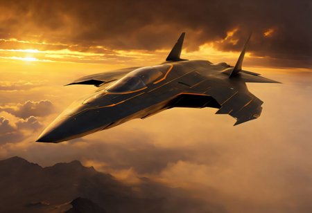 A single stealth fighter jet flies just feet above a thick cloud cover, with the sun behind it, casting a stunning yellow and orange glow over everything. The aircraft features a sleek blended wing body design, reminiscent of Lockheed and Boeing's conceptual art for fifth-generation fighters and top-secret space planes. This scene evokes elements of the B-2 bomber and advanced military drones, suggesting cutting-edge technology and futuristic warfare.
Imagined as a high-detail, hyperrealistic painting, this piece combines the artistic styles of Jason Felix, Robert Peak, and John Luke, blending the realism of a movie still with the grandeur of a masterpiece. The jet, possibly part of a secret project at Roswell Air Base or a NASA endeavor, is rendered in award-winning, super high-resolution quality, suitable for 4K, 8K, or even 16K displays.