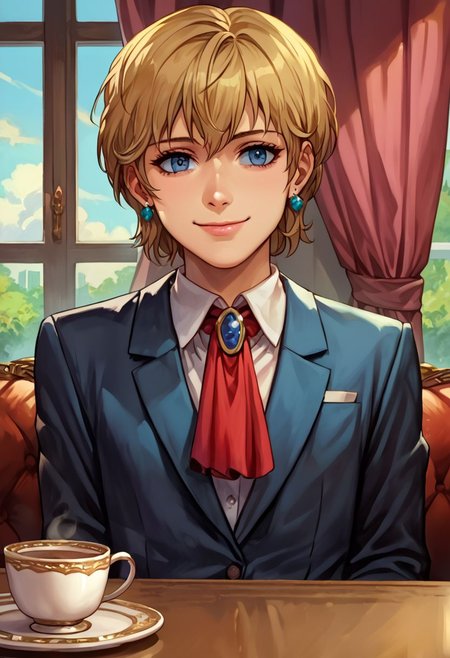 score_9, score_8_up, score_7_up, source_anime,
, (best quality) , (highly detailed) ,masterpiece ,absurdres ,detailed face ,beautiful face , (masterpiece, best quality, very aesthetic, ultra detailed), intricate details, 4k,
Hildegard,score_9,score_8_up,1girl,female,kawaii,solo,short ,feminine, hair,earrings,suit,white collared shirt,ascot,brooch,upper_body,looking_at_viewer,smile,closed mouth,sitting,couch,table,window_,curtains,stretching your spine,cup,teacup,saucer,parody,
OverallDetail