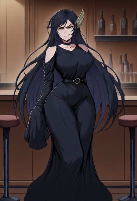 anime, masterpiece, best quality, solo, 1girl, brnhld, smirk, looking at viewer, standing, long hair, black hair, wing hair ornament, green eyes, long dress, black dress, shoulder cutout, sleeves past fingers, black choker, bare shoulders, large breasts, indoors, bar \(place\), bar stool
<segment:yolo-Anzhc Face seg 640 v2 y8n.pt,0.4,0.5//cid=1>