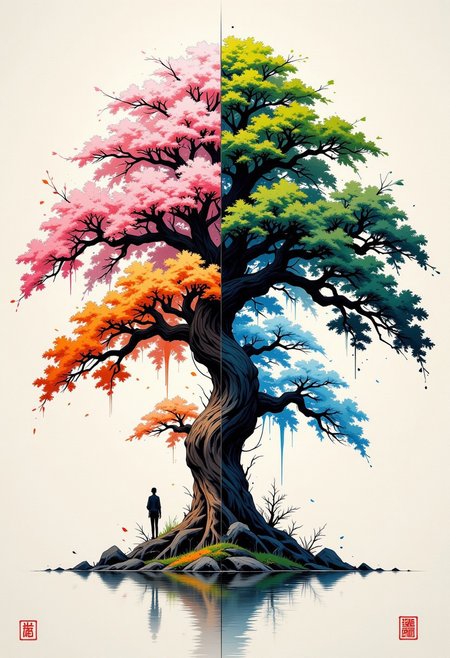 Poetic sumi-e of a single majestic tree whose foliage is very huge. The whole picture is split into four equal quadrant and the foliage of the splits into four according to the quadrant , each representing a different season.
Upper Left (Spring): The branches burst with ethereal pink cherry blossoms, glowing with a soft rose light and scattering delicate petals in a misty, pearl-colored sky.
Upper Right (Summer): Verdant branches flourish with rich green leaves and small golden fruits, 
Lower Left (Autumn): Branches adorned with brilliant orange and gold leaves that seem to catch fire, 
Lower Right (Winter): Crystalline branches covered in luminous ice-blue frost patterns, with a ethereal blue-white glow 
The tree should appear as one unified organism at its base, with its trunk seamlessly dividing into these four seasonal aspects. .An asymmetrical composition guides the eye through bold brush strokes and intricate detailing, where the interplay of shadow and light brings the vessel to life. Minimal red seal marks anchor the lower corner, harmonized by calligraphic kanji that convey the transient nature of existence, The kanji text written "图样图森迫，上台拿衣服". The scattered ship elements embrace deliberate imperfections, celebrating wabi-sabi principles—some defined by a single masterful brushstroke, others shaped through a textured dry-brush technique. Subtle indigo undertones suggest twilight dissolving into evening,
