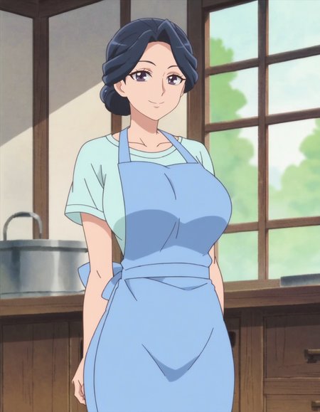 score_9, score_8_up, score_7_up, anime screencap, solo,1girl, sawaizuminao,t-shirt,apron, looking at viewer,  smile,large breasts,huge ass,cowboy shot,<lora:sawaizuminao_pony:0.8>