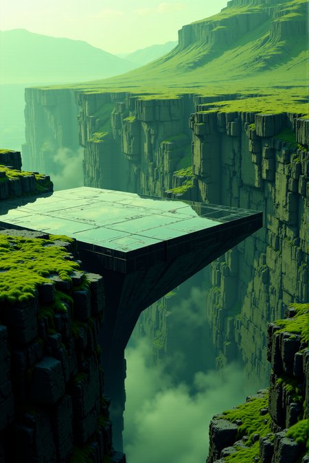 <lora:Legacy_of_the_forerunners_r1:0.7>
At the edge of a moss-covered escarpment, an obsidian-colored platform juts out into empty air, perfectly squared and anchored into the living rock by a single support core of seamless alloy. The platform's surface is a mirror of geometric channels and raised pressure nodes, forming an interface grid long deactivated but not degraded. Faint glimmers run along certain edges, suggesting a residual charge. In the abyss below, subtle heat haze distorts the view, hinting at suspended reactors or vaults lost beneath the cliffline. The design is absolutely precise, alien in proportion yet fully integrated with the natural cliffâs curvature. Architectural aesthetic: minimal-gravity fusion geometry, realized in neutral-black with pale green overglow and erosion-touched surfaces. Camera: dynamic oblique angle from above, emphasizing the void below and the unnatural stillness of the structure.