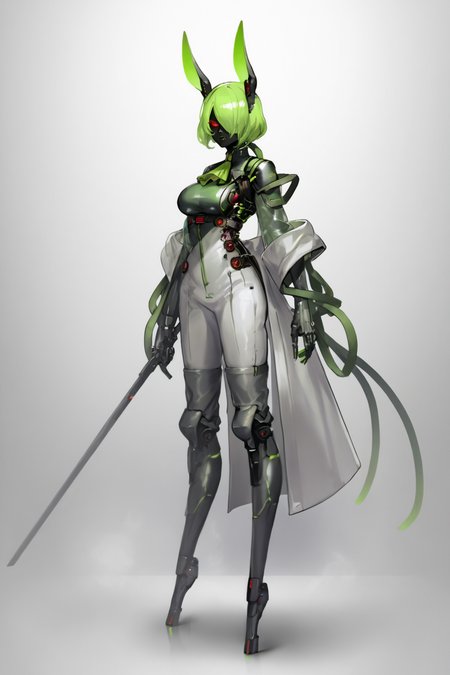score_9, score_8_up, score_7_up, score_6_up, score_5_up, score_4_up, BREAK, source_anime, solo, 1girl, rating_safe, ((mature female)), ((long green flowing hair)), mechanical parts, (big backwards folded mechanical rabbit ears), mature female, (bunny ears), (animal ears), subdermal port, ((milf, mature female, big breasts)), hexagon lines in skin, naval uniform overcoat, naval uniform, white military uniform, dress_uniform, ribbons, ((red eyes)), bunny tail, rabbit tail, aiguillette, ((green hair)), ascot, ((Ground level (from the side) view Extreme Close shot)), latex pilot suit, shoulder cutout, bunny rabbit Tail, ((hair over one eye, )), digitigrade, clawed feet, minimal clothes, ((metal skin, shiny skin, vampire aesthetic, digital eyes, filled eyes, monochromatic eyes, glowing eyes, colored sclera, red sclera, mechanical eyes, partially shaded face, )), <lora:ECHANIS:1>,  <lora:Borg Assimilation:0.8> BORG (RACE), BORG <MAN/WOMAN>, BROG QUEEN (STAR TREK)