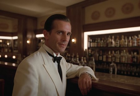 bartender, closeup, bar, indoors, Overlook Hotel, CineShining, highly detailed, 4K, (stylish grainy analog 35mm film photo)