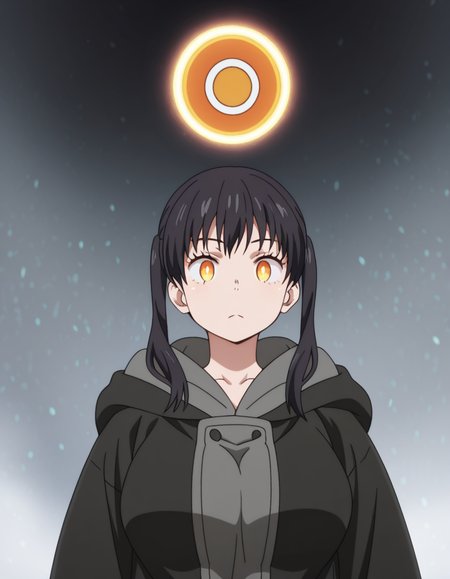 masterpiece, best quality, amazing quality,, <lora:tamaki-kotatsu-s1s2-illustriousxl-lora-nochekaiser:1>, tamaki kotatsu, long hair, bangs, black hair, twintails, yellow eyes, orange eyes, mature female, breasts, anime screencap, <lora:circle-button-illustriousxl-lora-nochekaiser:1>, circle button, gameplay mechanics, floating object, glowing,,