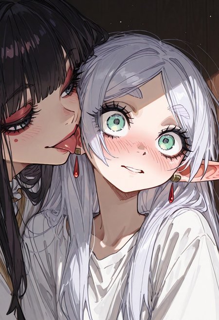 masterpiece, best quality, very aesthetic, absurdres, ambient light, soft light, SagawaStyle, Rapscallionstyle, ma1ma1helmes_b_illu,sketch,
2girls, upper body, close up, girl 1 licking the ear of girl 2, detailed eyes, 
girl 1: Fern, makeup, lustful smile, 
girl 2: Frieren, long taintails, white shirt, elf ears, shocked, surprised, red face, heavily blush, panic, embarrassed, looking at girl 1,
high detail, soft shadows