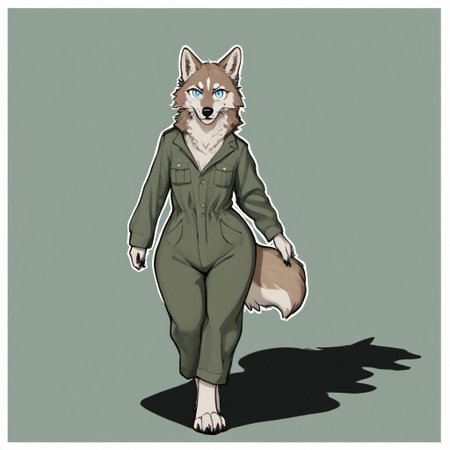 score_9, score_8_up, score_7_up, source_furry, detailed face, detailed eyes, incredible detail BREAK 1girl, solo, anthro, wide shot (furry female, wolf, light brown fur, monotone fur, light blue eyes,slightly wide hips, small breasts), black nose, whiskers, ear flop, solo, looking at viewer, telegramstickerxl, white outline, drop shadow, simple background, green background, telegram sticker, cartoon style, full body, hunter outfit, archer