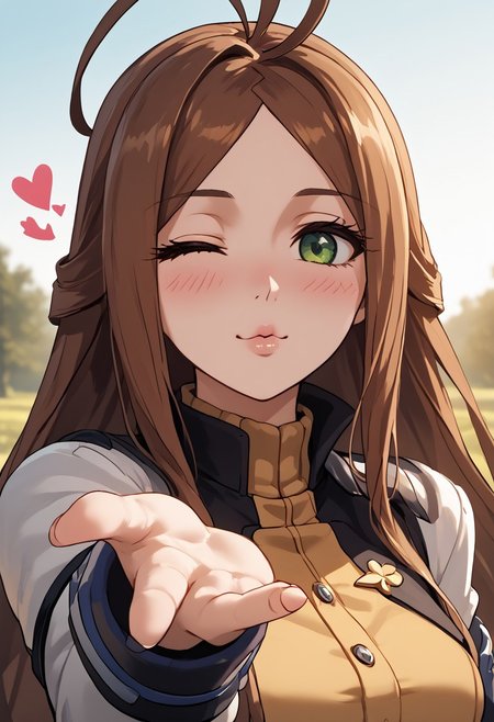 score_4,score_5,score_6,score_7_up,score_8_up,score_9 ((masterpiece,best quality,ultra detailed,highres,HD,4k:1.2)), 
1girl, solo,solo focus,girl focus,face focus,
(Normal), very long hair,brown hair,antenna hair,green eyes,large breast,
outdoor,
<lora:blowing-kiss-ponyxl-lora-nochekaiser:1>, blowing kiss, pucked lips, heart, one eye closed, o3o, looking at viewer, hand up,Pouting lips,pointing fingertips towards viewer, blush,shy,smile,Half-closed eyes, squinting, staring,jitome,