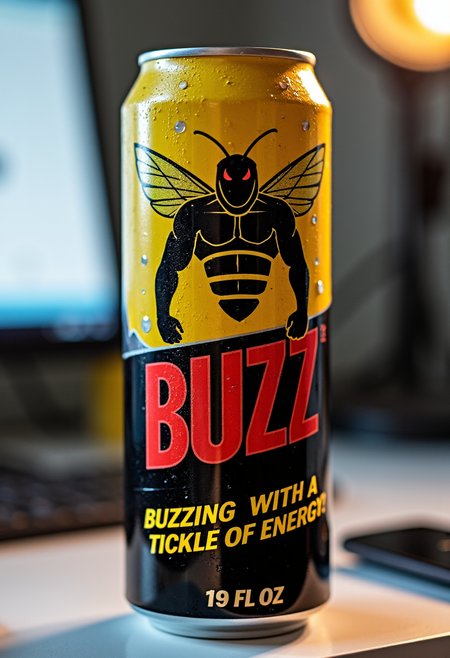A tall energy drink can with a logo of muscular bee. The brand of the can is called "Buzz". The words "Buzzing with a Tickle of Energy!" is on the can. The can is a combination of yellow, black, and red. The can is sitting on a desk with sweating. at the bottom of the can is the words "19 FL OZ"