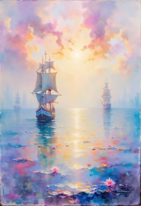 A Textural Reverie:
Set Sail Upon Calm Seas
Paint dabs pirouette
Drying into distant ports,
leaving ripples--
Wet-on-Wet,
no need to trace
a defined edge here.
Let spontaneity rule,
Embrace each brushstroke
with its unique mark,
layer upon layer building
texture--
Watercolor dreams
await on virgin pages;
translucent blooms burst forth,
leaving ghost stains and ghosts behind;
Serenity saturates the soul,
submerged in sublime visions:
that ephemeral vessel, that horizon-line meeting--lost
Somewhere beyond time-space--
This painting sings quietly, its song unnoticed.
color-field, French, Impressionism, landscapes, Plein-air, seascapes, water-lilies, 
impressionist painting, loose brushwork, vibrant color, light and shadow play, captures feeling over form, 
figure-studies, Impressionism, landscapes, nature, oil-painting, romanticism, painting,  elegance, opulence,
ArsMJStyle, impressionism