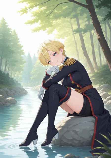 1girl, <lora:tenka_sn40:1>, tenkzumo, blonde hair, single earring, military uniform dress, epaulettes, black shorts, brown belt, white gloves, black thigh boots, smile, looking at viewer, resting head on legs,
standing, straight shot, cowboy shot, detailed, clean linework, shading, vibrant, atmospheric, wind, cinematic lighting, 
river, water, forest , trees, sitting on a boulder, full body view,
high resolution, ultra-detailed, absurdres, masterpiece, best quality, good quality, newest, vibrant, colorful,