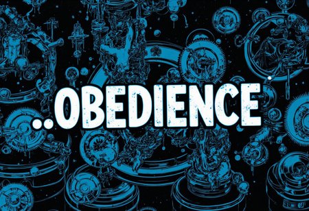 the words ...OBEDIENCE' written in large font fills the front of frame. In the back of frame weird man with in a dark room with checkerboard blue lotus PEOPLE ARE trapped inside machinery, people crushed inside mechanical gears, high gore arms crushed and bent, signs of wailing, people in business suits trapped in machinery. floors with blood on the ground with a white interior cyber tech electricity electical circuits illuminati symbols with brains and vaginas with high technology alchemical background lightning bolts