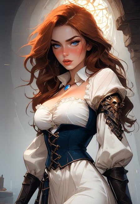 Safe_pos, (score_9, score_8_up, score_8), ultra detailed, high resolution, high quality, masterpiece, intricate details, intricate body, intricate landscape, knva, Expressiveh, hkmagic, missfortune, European Instagram Model, Sorceress, Wizard, Casting Thunder Magic Spells, Magic Circle, Thigh Strap, Tavern, midnight, 1girl, source_cartoon, Petite, ((Dark-Auburn Hair, Blue Eyes, Full Lips, Delicate and Smooth Skin, Blush Perfect Body, Highly Detailed, Glossy Lips)), Beautiful, Attractive, (Long Hair, Shiny Hair), (perfect round breasts, large breasts), (Wizard), ((Femme Fatale)), Tight-Fitting Blue-and-White Dress, Thigh Slit, Corset, Sexy, Belt, Brown Thigh-High Boots, Fantasy, Medieval, ((Extremely Detailed Face and Eyes)), Looking at Viewer, (Flirty, Sly), Soft Lighting, Warm Lighting, Unique Angle, Unique Perspective, Dramatic Angle, ((Full Body)), From Above, Side Shot, ((Arched Back, Leaning Back)), Tomes in Background, 
<lora:add-detail-xl:1.5>,
<lora:Expressive_H:0.7>,
<lora:Kenva:1>,
<lora:incase_2024_new_style_upscaled_with_big_images:0.8>,
<lora:missfortune:0.65>,
<lora:Fantasy_Wizard__Witches_Pony:0.4>,