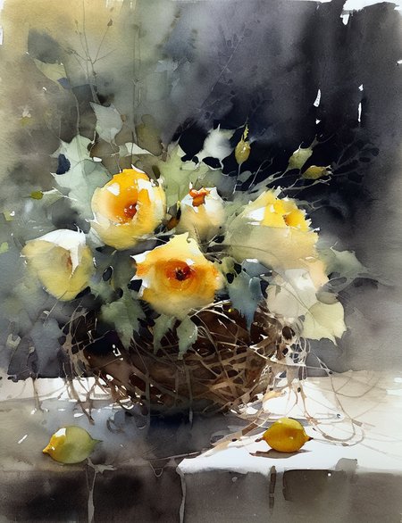 Watercolor masterpiece,still life,bird nest,impressionist art painting by Jeremy Mann,Miles Johnston,Alasdair McLellan,Daniel Merriam,Peter Glick,Darius Klimza,spectacular back view,perfection,gorgeous art,beautifully lit,dark atmosphere,surreal,ethereal,exquisite detail,brilliant,wonderful,outstanding,amazing colors,mysterious,watercolor wash,<lora:Watercolor _sdxl:1.3>, Watercolor style,