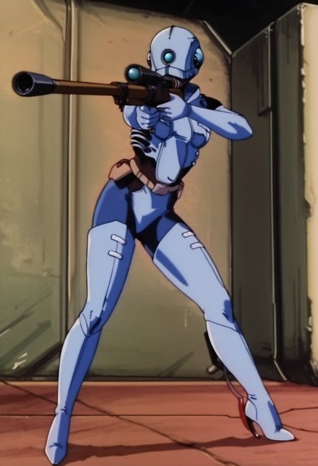 Blue_Eye, Combine_Assassin, a woman in a futuristic suit holding a gun, sensitive, 1girl, solo, holding, weapon, boots, high heels, gun, bodysuit, helmet, rifle, science fiction, aiming, genoCstyle, anime, retro anime