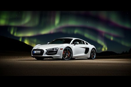 cars fantastic white, [2007 Audi R8], speed, intricate detail ,dark background , HD. Photograph , ((in high climb. Depth of field Natural lighting. Rifle welding guard. Beautiful natural dark night. Green northem lights)), extremely high quality RAW photograph, ultra detailed photograph, sharp focus, high resolution, (detailed skin:1,3),high quality, film grain, Fujifilm XT3,(Highly Detailed), movie, (Cinematic Photo:1.3) of (Realistic:1.3)