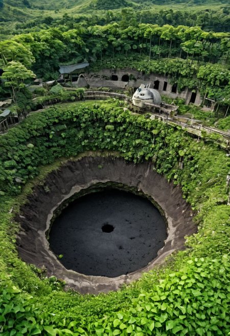 arafed view of a large crater with a walkway in the middle, real life totoro, beautiful hd, everything enclosed in a circle, hou china, pacal votan, looming over the earth, well - decorated, huge black round hole, ivy, solar, <hd, ad, top