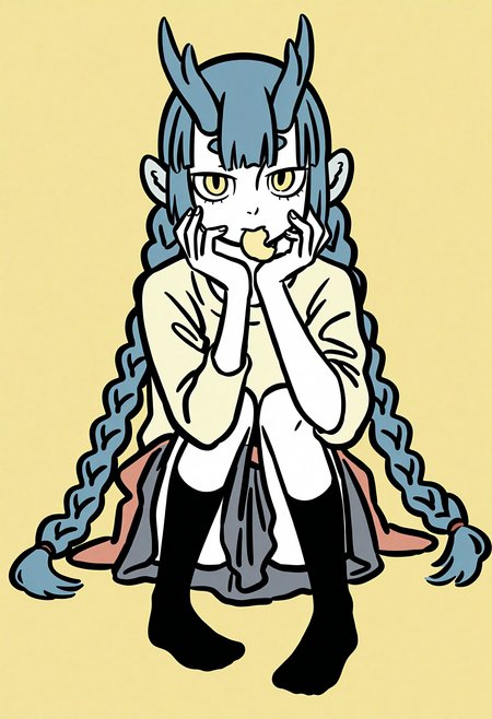 1girl,
longnv \(feiren zai\),
feiren zai \(style\),flat color,
solo,full body,looking at viewer,sitting,blunt bangs, simple background, yellow background, knees together feet apart,shirt,skirt,hair ornament,food,twin braids,yellow shirt,food in mouth,clothes around waist,jacket around waist,chips \(food\),potato chips,dragon horns,horns,blue hair,yellow eyes,short eyebrows,thick eyebrow,hugging own legs,dragon girl, braid,jacket,black legwear,   hands on own face, hand up,
this work is part of the "feiren zai" series,featuring a character named longnv. longnv is a 12-year-old girl with blue hair,straight bangs,and a pair of horns of the same color as her hair under the bangs.
safe,very awa,masterpiece,best quality,amazing quality,very aesthetic,absurdres,highres,newest,year 2024,
<lora:frz_wlq_v3_d_v3_noobaiXLNAIXLV101:0.95>