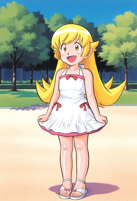best hands, 5 fingers <lora:shina chara_IL1.2:0.8> retro artstyle, 
 shina_style, 1girl, oshino_shinobu, yellow eyes, blonde hair, smile, fang,
white dress, sandals, 
<lora:AIã¤ã©ã¹ããããã_style_illustrious_goofy:1>shiny skin, shiny clothes,
outdoors, park, day, shadow,