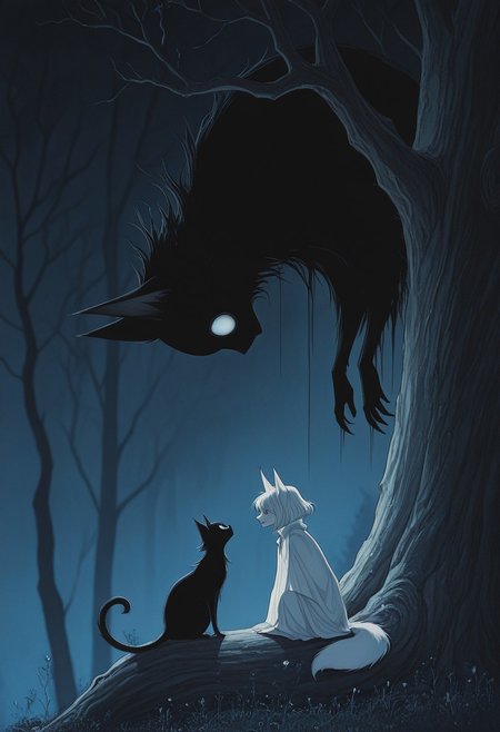 Studio Ghibli Dark Fairytale, masterpiece, best quality, absurdres, a couple of cats sitting on top of a tree, official fanart behance hd, white fox ears, creepy shadows, three animals, uwu the prismatic person, outdoors at night, fairy cgsociety, 2 0 1 9, black fur, panel of black, by Natasha Tan, anime visual, fantasia photo, facing each other, yami kawaii, neko, h4ra_illu, momosp