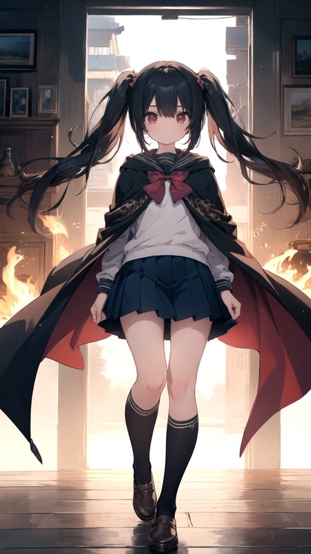 ,(masterpiece),(highres),(high quality),(insanely detailed),(absurdres),(ultra-highres),(ultra-detailed),(ultra-quality),(ultra-beautiful),(ultra detailed background),(best quality),
,(beautiful illustration),(8K),(UHD,HDR),(ray tracing),(natural light),(calibration color),
BREAK
,(cute girl),(solo),(skinny),(petite girl),(kawaii),(slender),(perfect symmetrical face),(waifu),
,(ultra cute girl),(ultra cute face),(ultra detailed eyes),(ultra detailed hair),(ultra cute),(ultra beautiful),
BREAK
,(black hair:1.2),(red eyes:1.2),(long twintails hair:1.2),
BREAK
,(school uniform),(magic cloak),
BREAK
,(megicial academy),
BREAK
,(looking at viewer),(full body),
BREAK