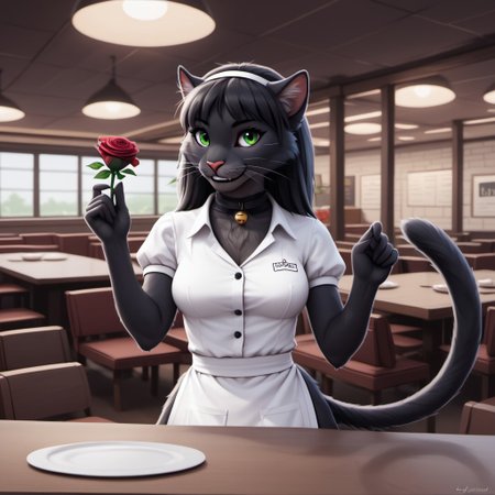 anthro, female panther, tufted fur, tufted ears, cheast tuft, cat tail, detailed fur, long black hair, feline teeth, black fur, green eyes, detailed face, medium breasts, seductive smile, waitress outfit, clothing undergarment, restaurant, hairband, back view, lean over table, holding rose,