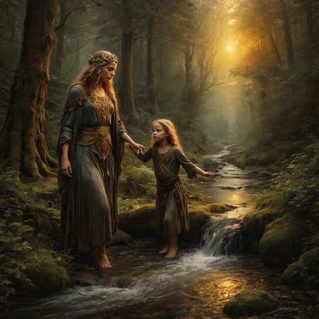 Painting using oil paints.

(Golden sunset bliss),

A druid mother and her children play in a stream in the leafy forest.

(Watercolor dreaminess), soft watercolor, selective color,

Atmospheric, antique, intricate, detailed. Rustic. Mossy.

Fantasy style. Fantasy dreamlike art. 

<lora:Old_Style_SDXL:0.2>
<lora:The_Dark_Side_of_the_Earth:0.2>
<lora:EnvyAwesomizeXL01:0.8> Awesomize 
<lora:LoromXL_Druidic_Naturalism_v1:0.3> druidic