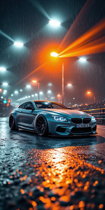 R3alisticF, aidmafluxpro1.1, aidmamj6.1, aidmaHyperrealism. 

A dark, cinematic portrait of a 2015 BMW 650i in silver, 2 doors, captured in a stormy night on an empty freeway. The car dominates the frame in a lowered, aggressive stance—carbon fiber diffuser nearly scraping the rain-slicked asphalt, its laser headlights cutting through torrential downpour. The reflection of the BMW shimmers on the wet ground, stretching vertically to emphasize the phone’s aspect ratio. no license plate is visbible.

The driver (male, silhouetted) grips the wheel, barely visible through the rain-streaked windshield. The rear tires are blurred from acceleration, throwing up a ghostly spray that fades into the foggy abyss above. The car’s massive carbon ceramic brakes glow orange-red, contrasting against the cool teal tones of the storm.

Composition & Style:

Close-up Dutch angle (35mm) focusing on the BMW’s front quarter-panel and headlights, with the track’s edge leading the eye upward.

Crushed blacks and teal-orange grading for high contrast.

Rain streaks on the lens and light reflections distorted by water droplets.

Cropped emptiness: The track’s vanishing point is hinted at (not fully shown), with fog swallowing the background to maintain tension.

9:16 aspect ratio (optimized for phones) — sacrifice peripheral track details for intimate drama."