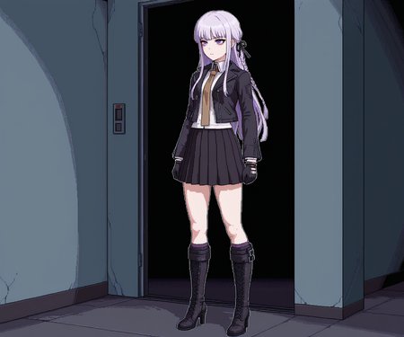 masterpiece, best quality, amazing quality,  1girl, solo,  horror \(theme\), <lora:World of Horror style:1.2> WoH, pixel art,  <lora:Kyoko  [Illustrious] - Danganronpa:0.6> DRK1r1g1r1, purple eyes, long hair, side braid, purple hair, black ribbon, hair ribbon, black jacket, open jacket, white shirt, brown necktie, black gloves, black skirt, pleated skirt, black footwear, knee boots, high heel boots