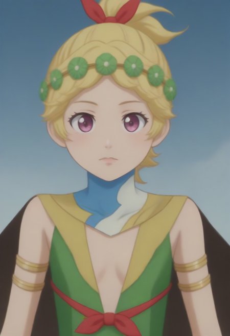 source_anime, anime screencap, source_anime, auratheguillotine, anime screencap, masterpiece, source_anime, shiny skin,,,,,, <lora:zs_DemeterXL:1> demetersmt, blonde hair, ponytail, head wreath, purple eyes, green dress, cleavage, cape, armlet, bracelet,