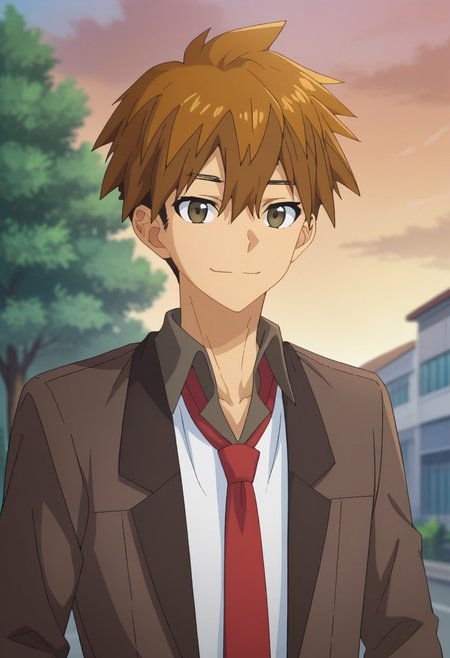 score_9, score_7_up, source_anime, 
yokoya, 1boy, male focus, solo, brown eyes, brown hair, hair between eyes, short hair, school uniform, shirt, white shirt, collared shirt, jacket, brown jacket, long sleeves, necktie, red necktie, pants, brown pants, smile,
outdoor, sky, tree, cloud,