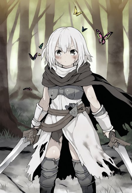 masterpiece, best quality,(monochrome:0.7),cowboy shot, a woman in broken and dirty armor holding a sword in a forest with a butterfly flying by her side, with a forest background,(Defeated knight, torn armor, tattered cloak and hood), Armin Hansen, official art, a character portrait, fantasy art ,<lora:DAGASIXLlokr8f-000188:0.95>