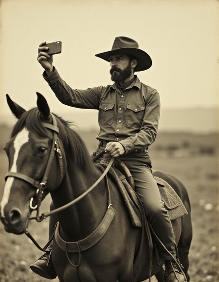 Photo of a cowboy from the Wild West holding a selfie stick while riding a horse., (VCTRN:1.2), analogstyle,  faded photograph <lora:e377b7657231499e9165dad83cdeb312_pytorch_lora_weights:1>  <lora:amateurphoto-6version:0.4> <lora:35mm_joycap:0.4>
