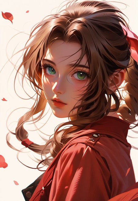 score_9, score_8_up, score_7_up, score_6_up, watercolors, aerith gainsborough, looking at viewer, detailed eyes, against a background of wind blown petals and colors
