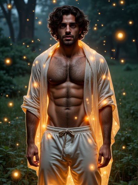 EGE has honey eyes. He stands in an enchanted environment. It is night and fireflies fly around him. They illuminate him. A fluorescent aura surrounds him. He wears white linen trousers, a white mesh cloak covers his shoulders and arms. His hairy chest is open.