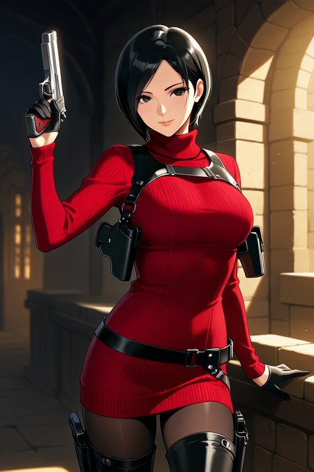 <lora:ada_wong_re_illus:0.7> ada wong, black hair, short hair, black eyes, large breasts, red sweater, turtleneck, chest harness, pantyhose, black gloves, half gloves, black belt, pistol holster, 1girl, solo, looking at viewer, smile, thighhighs, jewelry,  standing, weapon, boots, belt, black footwear, lips, gun, thigh boots, bob cut, high heel boots, sweater dress, thigh holster,  shoulder holster, black thighhighs, anime coloring, pistol holster on belt, medieval cities, more detail, cowboy shot,