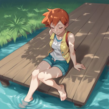 score_9, score_8_up, score_7_up, score_6_up, score_5_up, score_4_up, zPDXL2,source_anime,rating_questionable, <lora:Dock:0.8> d0.8ck, water, outdoors, wooden dock, 1girl, misty pokemon, feet in water, smile, eyes closed