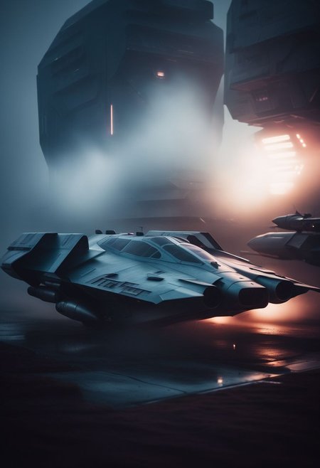 closeup shot of fight aircraft, in futuristic and sci-fi city, during twilight, dramatic, moddy, misty environment, low contrast muted colour tones, shot on a 500mm zoom lens, with a extreme shallow depth of field, creating a dreamy lens flare, shrouded in atmospheric fog, cinematic masterpiece, film noir asthetic, inspired by Christopher Nolan