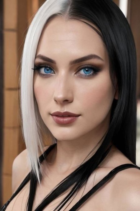 full body image, (masterpiece, best quality, hires, high resolution:1.2, 4k, 8k , high quality), extremely detailed, realistic, intricate details, highres, 1girl, solo, (large breasts, thick thighs, wide hips), arched back, dark blue eyes, split-color hair, white and black hair, hair in 1 three-strand braid, (cinematic lighting, sunlight, perfect lighting, backlighting), eye-level shot, extreme close-up-shot, looking at viewer, fishnet bodysuit, reverse bunnysuit, heart pasties, eyeliner5,