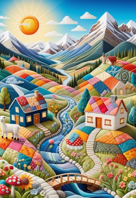A vivid, detailed illustration of a whimsical, colorful landscape where everything is made from patchwork fabric. The scene is dominated by a central, flowing river with a wooden bridge crossing it. The river is surrounded by lush, green, rolling hills, dotted with small, cozy houses with thatched roofs in shades of blue, orange, and yellow. The houses are intricately detailed with windows, doors, and chimneys. Surrounding the houses are tall, colorful trees with round, fluffy tops. Creating a surreal, fairytale-like atmosphere. The sky is a deep blue, contrasting with the vibrant colors of the landscape. In the background, towering, snow capped mountains with fluffy clouds and a bright sun peeking from behind them add depth and a sense of scale to the scene. The foreground is filled with various small, knitted items such as alpacas, sheep, and mushrooms, all in bright, primary colors, adding to the whimsical and playful nature of the illustration. The textures are soft and fuzzy, with a hand-knit patchwork appearance, enhancing the cozy, handmade feel of the entire scene. The overall style is a blend of fantasy and folk art, creating a charming and enchanting world. ptchkrawk