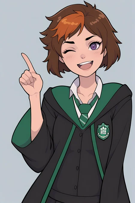 masterpiece, best quality, 
 <lora:Merula_Snyde_Illustrious:1> merula_snyde, brown hair, short hair, purple eyes, orange hair,
1girl, cute, hogwarts school uniform, happy, open mouth, one eye closed, solo,