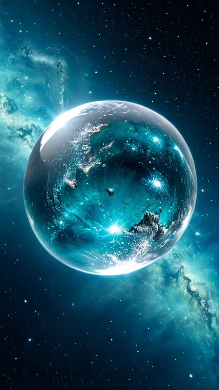 Turquoise clear crystal planet floating in space, stars, hyper realistic, very high quality, high resolution
