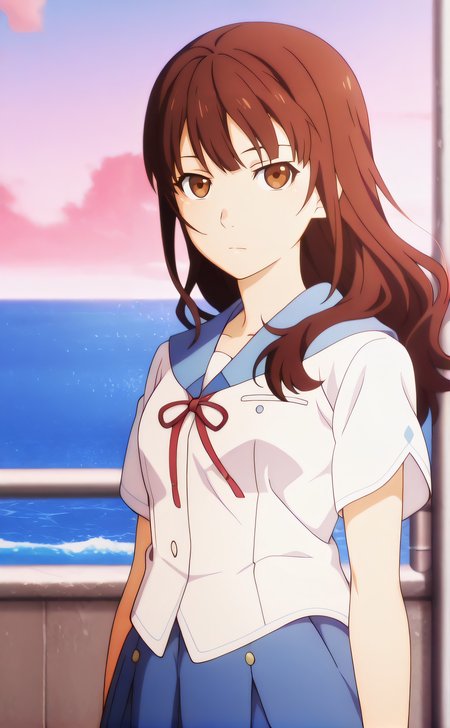 masterpiece, best quality, highres, newest, 1girl, solo, official style, anime screencap, <lora:IL_Oikawa_Nazuna:1>, nazuna, brown hair, brown eyes, long hair, school uniform, short sleeves, blue skirt, looking at viewer, expressionless, cowboy shot, outdoor, ocean behind, summer